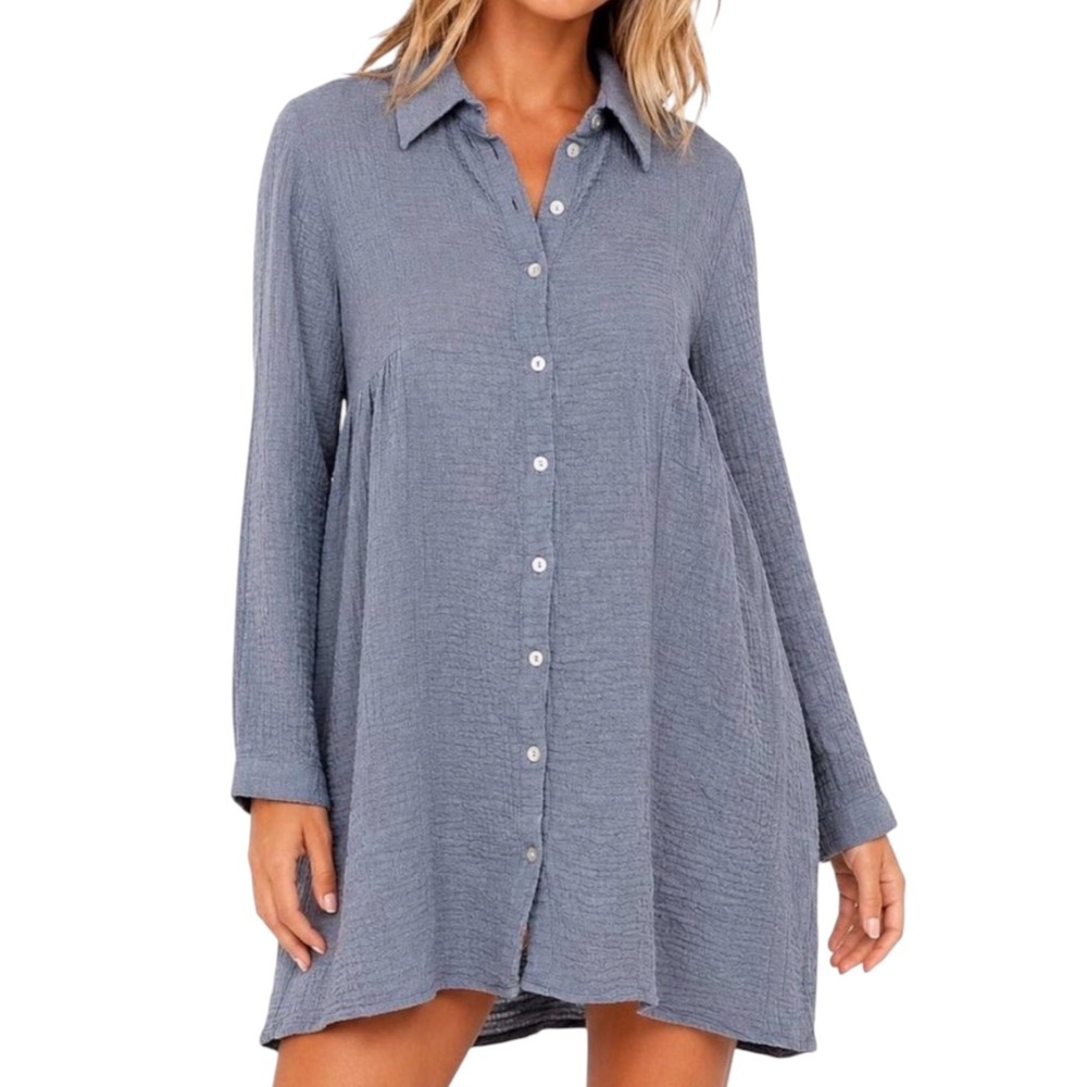 Zara‎ Slate Blue Grey Textured Cotton Gauze Button Down Shirt Dress Oversized M